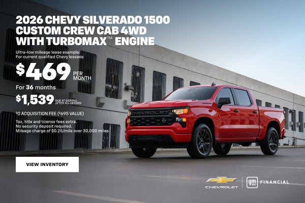 2026 Chevy Silverado 1500 Custom Crew Cab 4WD with TurboMax Engine. Ultra-low mileage lease examp...